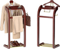Suit Valet Stand for Men, Wood Mens Valet Stand with Base, Contour Hanger, Tray, Trouser Bar and Tie Bar, Clothes Valet Stand for Bedroom Entryway Home Living Room Office (Reddish brown)
