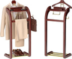 Suit Valet Stand for Men, Wood Mens Valet Stand with Base, Contour Hanger, Tray, Trouser Bar and Tie Bar, Clothes Valet Stand for Bedroom Entryway Home Living Room Office (Reddish brown)