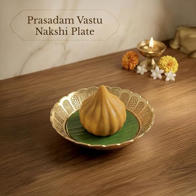 Shubhkart Solid Brass Decorative Nakshi Plate Set for Puja, Decoration & Diwali Gifting (Medium 9.5 cm, Pack of 3, Solid Brass)