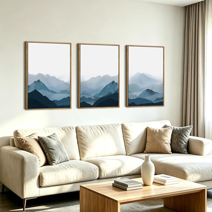 BINCUE Large Blue Mountain Wall Art Fog Blue Ridge Mountains Artwork Framed Minimalist Mountains Wall Decor Simple Mountain Pictures Landscape Artwork for Living Room Bedroom Office Farmhouse 24x36 Inch 3 Piece