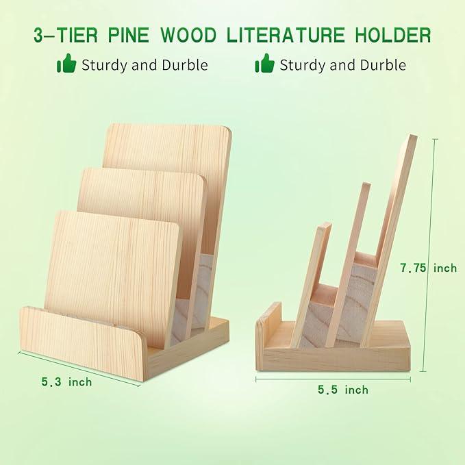 DOSTATNI 3 Tier Pine Wood Pamphlet Display Stand Brochure Holder 6 x 9 Literature Stand Postcard Holder Display Stand Flyer Holder Magazine Rack for Pamphlet Magazine Booklets Menu