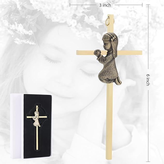 DCCXN Baby Wall Cross Baptism Gifts for Girls, 6 Inch Gold Praying Baby Girl Crosses for First Holy Communion, Christening, Baptismal Cross Decor-Gold Girl Crosses