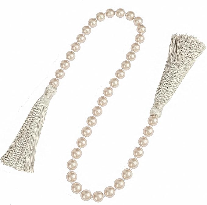 34 Inch Pearl Glass Bead Garland with Tassels - Elegant Boho Table Decor, Fringe Wall Hanging for Wedding, Party, Farmhouse Rustic Prayer Bead Home Decoration(1 Pack,Off White)
