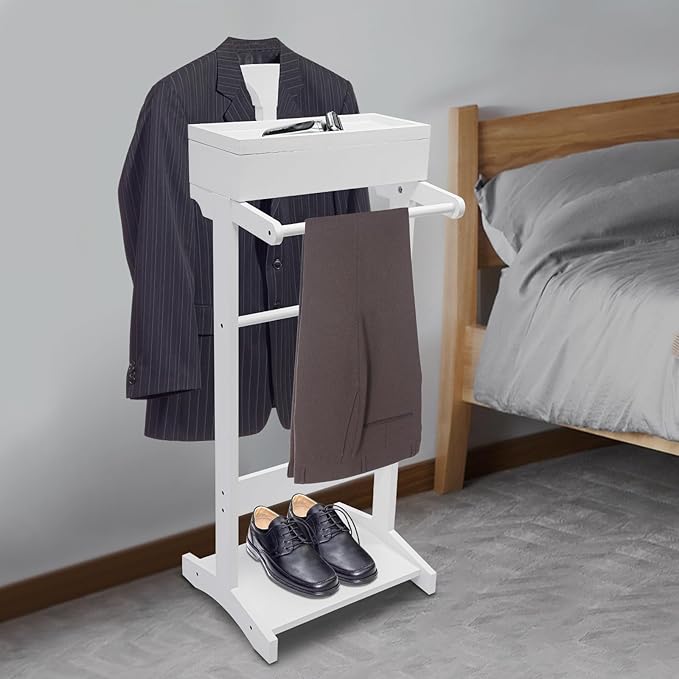 Suit Valet Stands for Women and Men Clothes Wood Valet Stand with Base Freestanding Clothing Organizer Valet Stand Contour Hanger Trouser Bar Belt Hooks for Office Living Room (White)