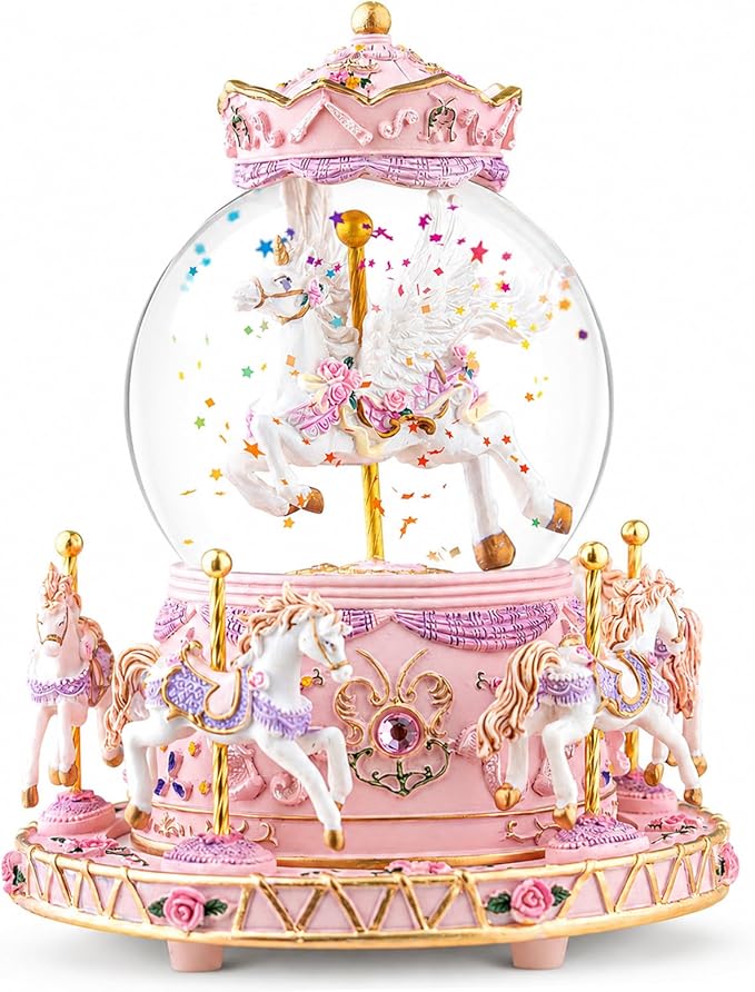 Magical Unicorn Snow Globe with “Somewhere Over the Rainbow” Music, Rotating Carousel Music Box, LED Lights & Glitter Snow, Perfect Birthday, Xmas, Valentine’s Gift, for Girls, Kids & Unicorn Lovers