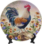 Rooster Decorative Ceramic Plates, 10inch, Rooster on Stone Round Display Plate, Decorative Plates with Stand, for Home Kitchen Bedroom Decorative Ornaments