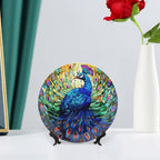 Decorative Plates, Colorful Peacock Stained Glass Design Ceramic Dinner Plate Home Wobble-Plate with Display Stand, Wall Hanging Decor for Kitchen Household 6 Inch, Gifts for Peacocks Lover