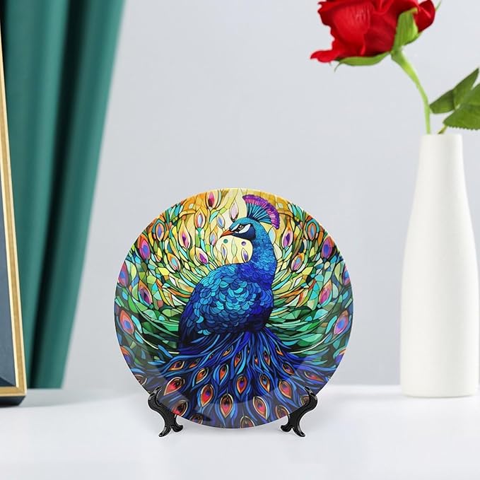 Decorative Plates, Colorful Peacock Stained Glass Design Ceramic Dinner Plate Home Wobble-Plate with Display Stand, Wall Hanging Decor for Kitchen Household 6 Inch, Gifts for Peacocks Lover