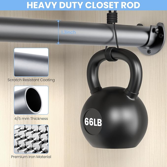 Closet Rods for Hanging Clothes, 17 to 39 Inches No-Cut Stepless Adjustable Closet Rod, 1.3 Inches Expandable Metal Heavy Duty Closet Hanging Rod for Closet Wardrobe Bathroom Laundry RV, Silver