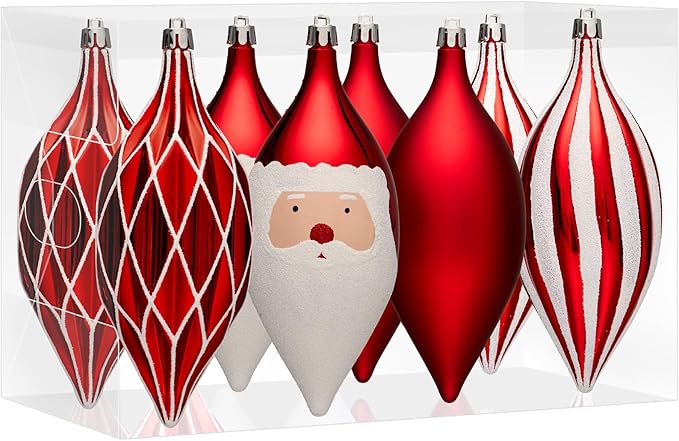 JORNOY Finial Christmas Ornaments for Tree Decorations, 150mm/6 in Shatterproof Plastic Hanging Large Tear Drop Baubles Bulk for Holiday Home Party Decor with String, 8 Pack, Red White