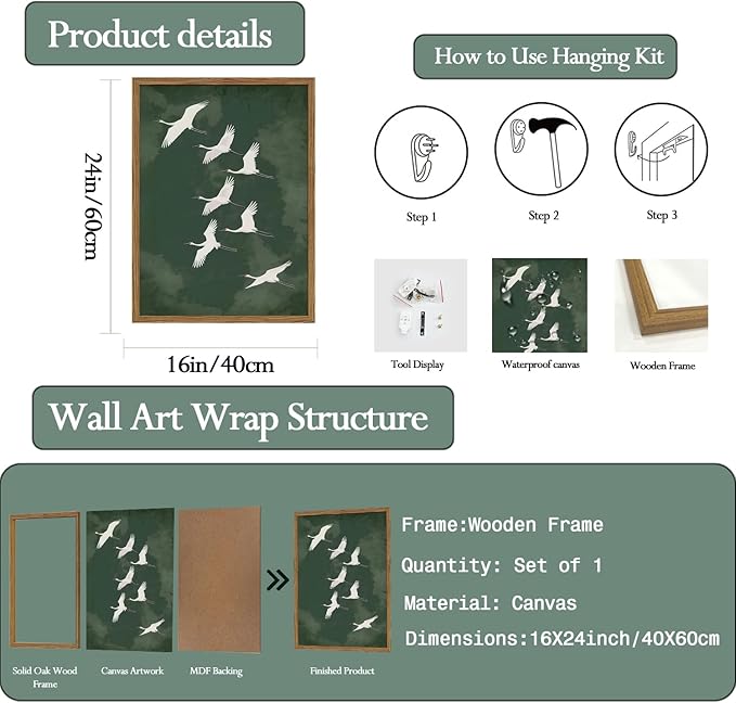 Framed Japanese Flying Cranes Wall Art, Vintage Bird Pictures Wall Decor Paintings, Rustic Nature Animal Canvas Prints Minimalist Home Decor for Living Room Bedroom Office 16x24 inch