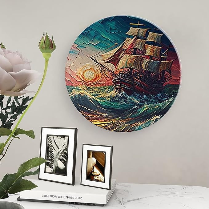 Decorative Plate for Home, Ocean Sailing Ship at Sunset Painting Tray for Table Display, Ceramic Dinner Plate w/Stand, Living Room Dining Room Decor, Housewarming Gifts, 8 Inch