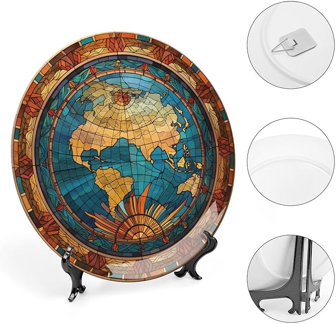 Decorative Plate for Home, Vintage Map of The World Stained Glass Print Tray for Table Display, Ceramic Dinner Plate Living Room Decor, Gifts for Adventure Lover Wanderlust, 10 Inch