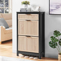 2 Flip Drawers Shoe Cabinet Storage for Entryway, Narrow Shoes Organizer Cabinet for Front Door Entrance, Free Standing Hidden Wooden Hallway Shoe Rack(Oak&Black)