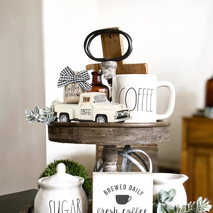 Metal Coffee Truck with Burlap Sack Vintage Pickup for Farmhouse Kitchen Decor Coffee Station Home Bar Accessories