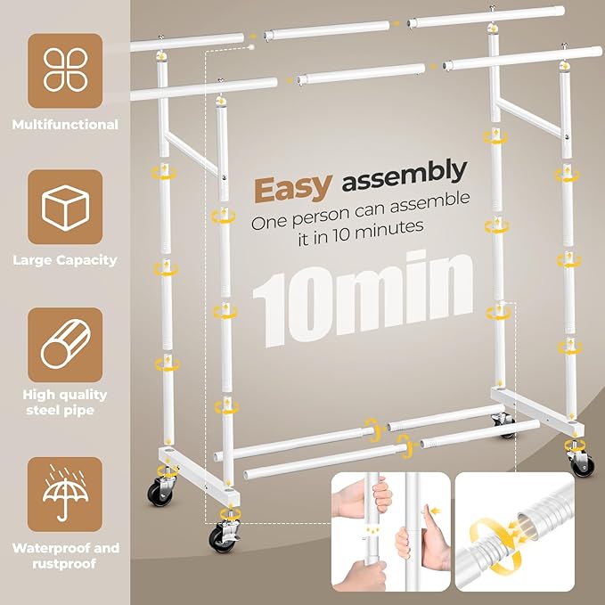 Abiglifty Double Rods Clothes Rack for Hanging Clothes, Clothing Rack with Wheels, Portable Closet Organizer for Laundry, Room (White)