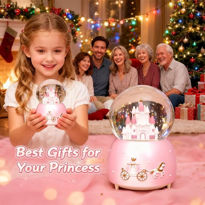 Snow Globe, Castle Musical Snow Globes with Crystal Ball & Colorful LED Lights, Snow Fall Fairy Tale Carriage Castle Snow Globes, Christmas Birthday Gifts for Women, Girls, Kids, Home Room Decor