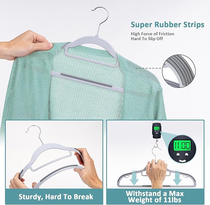 Pack of 50 Coat Hangers, Space-Saving Plastic Clothes Hangers, Non-Slip, 0.2 Inches Slim, 360° Swivel Silver Hook for Shirts, Pants & Wet/Dry Garments, Light and Dark Gray