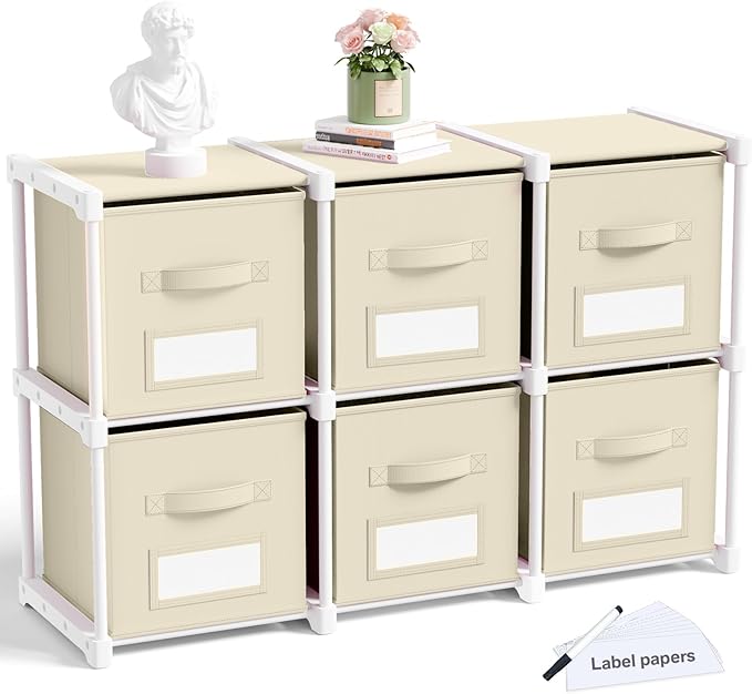 Geelin 6 Cube Storage Organizer with Fabric Bins and Labels 11 Inch, Fabric Collapsible Cubby Clothes Storage Drawer Dresser for Bedroom Living Room Office Organization