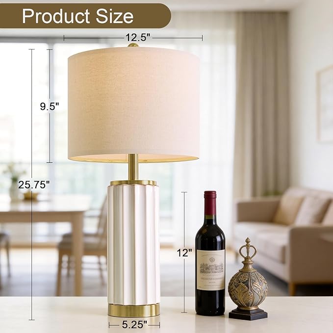USumkky 25.75" Off-White Ceramic Table Lamp Set of 2, Mid Century Modern Bedside Nightstand Lamps for Bedroom Living Room, Linen Shade & Gold Metal Base, Rotary Switch E26 (Bulbs Excluded)
