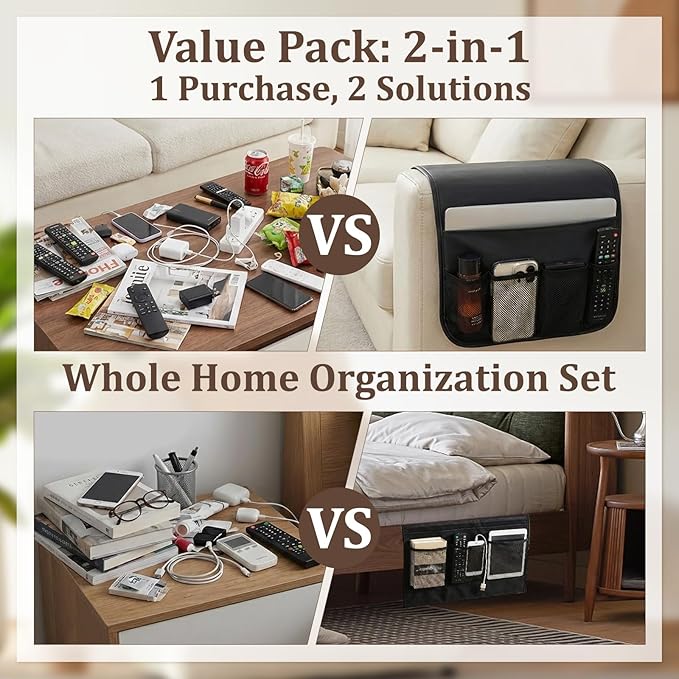 Bedside Caddy Organizer & Remote Control Holder for Couch, Non-Slip Armchair Caddy Storage with Multiple Pockets, TV Remote Holder for Bed, Sofa Armrest Organizer for Glasses Phone Magazine(2pcsBlack)