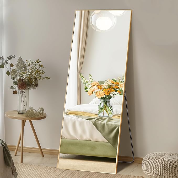 DUMOS 56"x15" Full Length Mirror, Full Body Mirror with Aluminum Alloy Thin Frame, Standing Mirrors with Leaning or Hanging, Suitable for Bedroom, Livingroom, Cloakroom, Gold