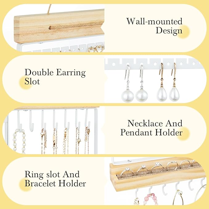 Hanging Jewelry Organizer and Storage, 5-Tier White Earring Necklace Holder Jewelry Display Organizer Stand Rack, Wall Mounted for Earrings Necklaces Bracelets and Rings, White