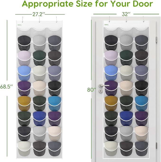 Unjumbly Baseball Hat Rack, 27 Pocket Over-The-Door Hat Organizer with Clear Deep Pockets to Display Baseball Caps Collection, Complete with 3 Over Door Hooks (White, 27 Pockets)