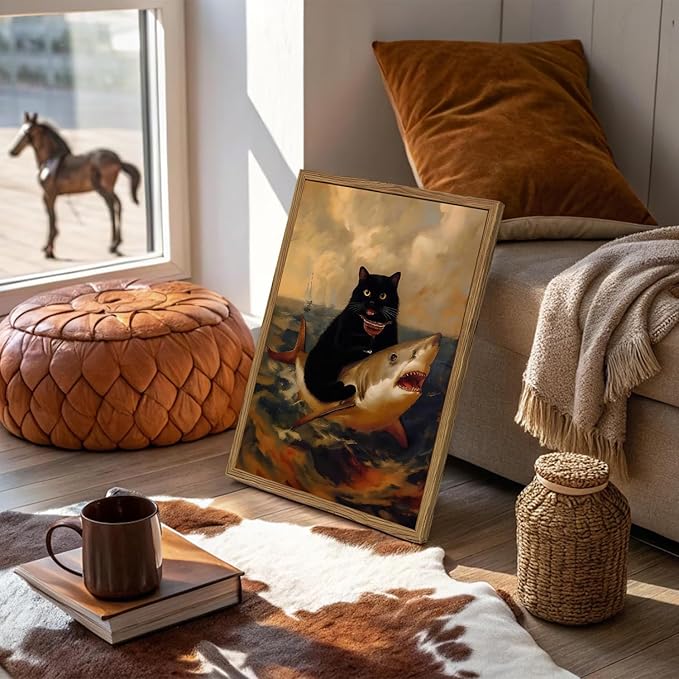 Funny Black Cat Wall Art Whimsical Cat Riding a Shark Wall Decor Picture Unique Animal Ocean Poster Canvas Painting Prints for Bedroom Living Room 12x16 inch Framed