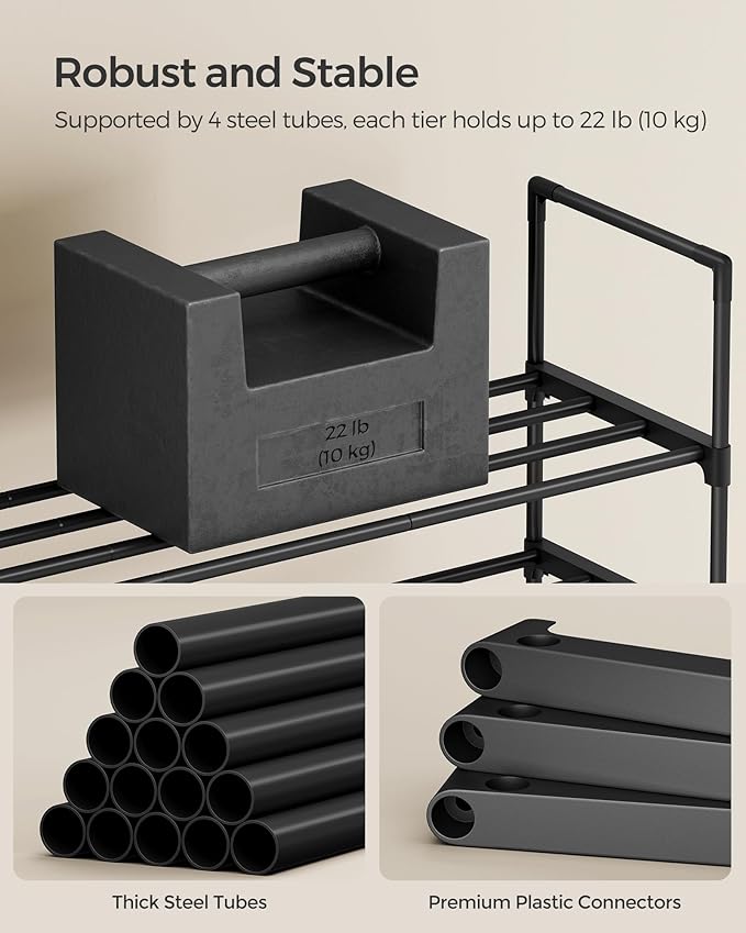 SONGMICS Shoe Rack, 2-Tier Shoe Organizer, Metal Storage Shelf, Upright or Upside Down, for 12-15 Pairs, Stackable, for Entryway, 11.8 x 36.2 x 14.6 Inches, Black ULSA12BK