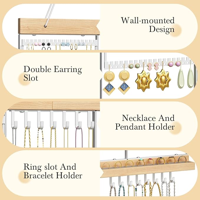 Large Rotating Hanging Jewelry Organizer, 5-Tier Wall Mounted Earring Holder for 180 Pairs, Jewelry Rack for Earrings, Necklaces, Bracelets & Rings, Necklaces, Bracelets & Rings, for Girls, White