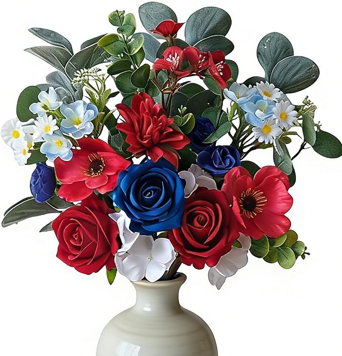 Idyllic 6 Pcs Red White & Blue Patriotic Floral Stems, Artificial Roses Hydrangeas Daisies for 4th of July, Memorial Day Wreath & Holiday Decor