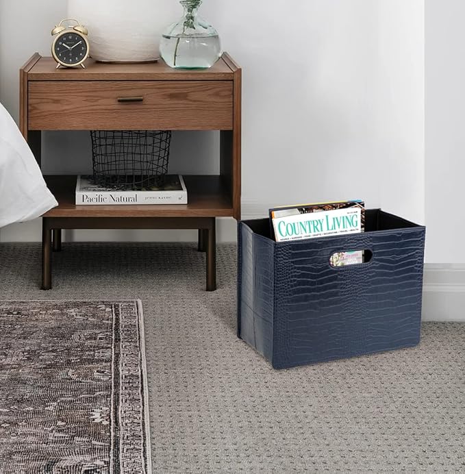 HofferRuffer Magazine Basket Holder, Foldable Magazine Rack, Document File Holder Organizer, File Folder, Newspaper Storage Bin Organizer for Home or Office (Dark Blue)