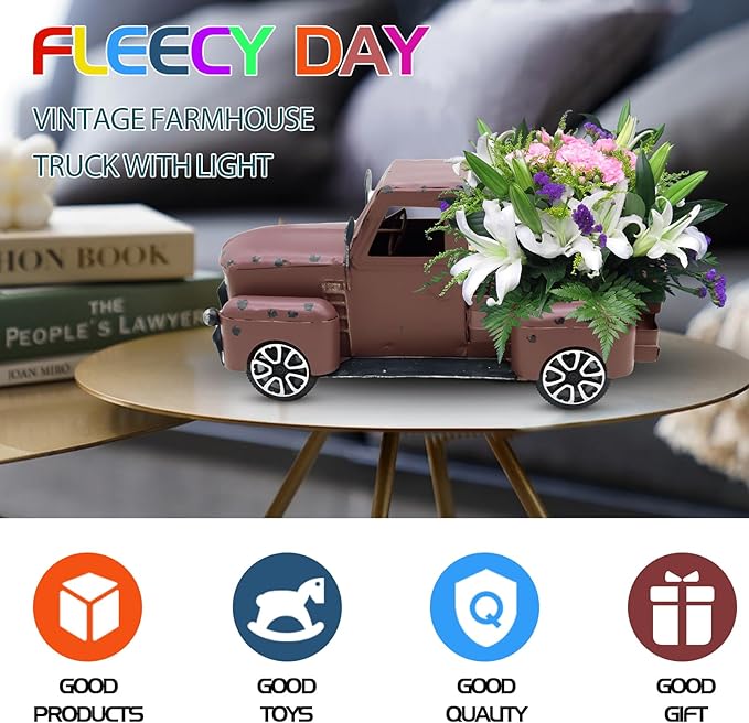 Metal Truck Decor with Handcrafted Flowers Tree, Vintage Farm Pickup Farmhouse Tabletop Tiered Tray Decor, Rustic Farmhouse Decor for Table Top Decor Home Kitchen(Wine Red)