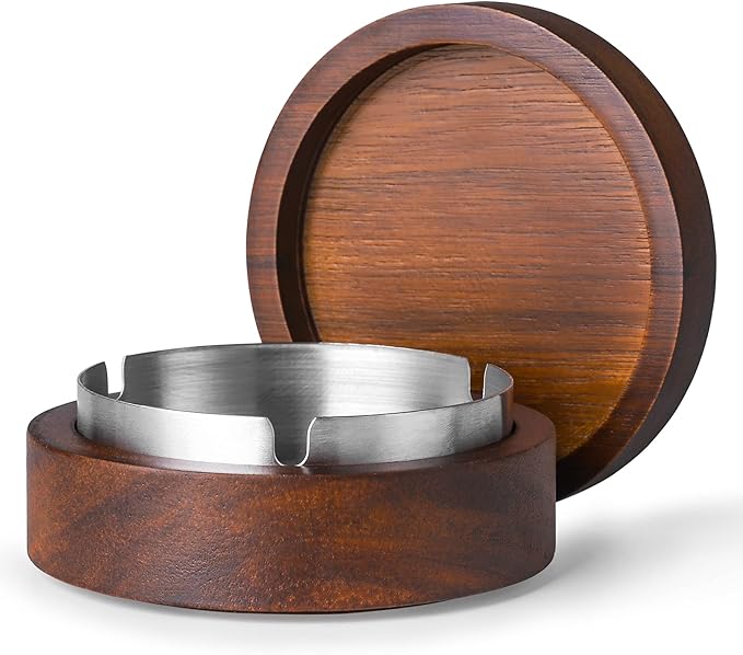 Wooden Ashtray with Lid for Smokers Stainless Steel Liner Ash Tray Windproof Durable Easy to Clean Cool Ashtrays for Indoor or Outdoor Use, Patio, Office & Home