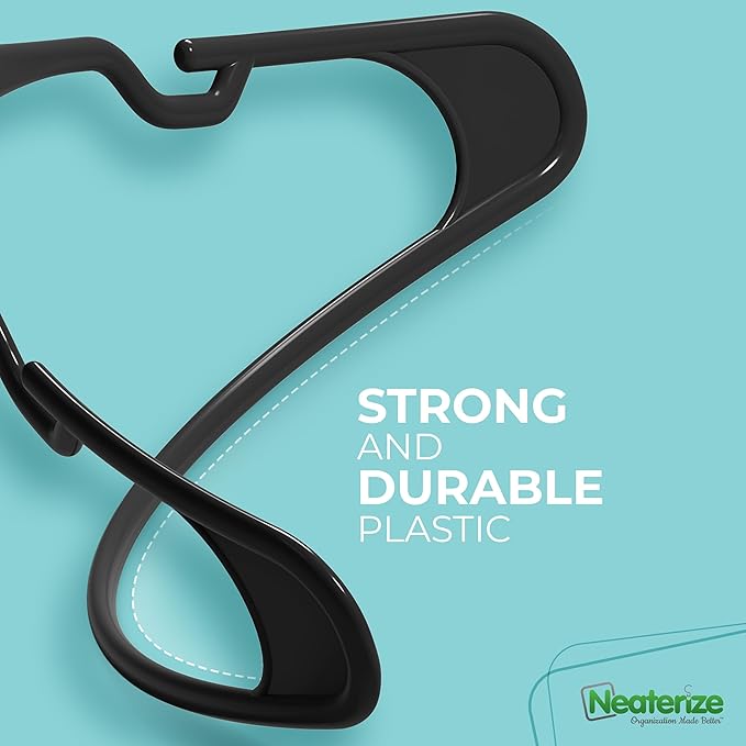 NEATERIZE Clothes Hangers Plastic 20 Pack for Adults - Plastic Hangers, The Perfect Coat Hanger and Space Saving Clothes Hangers for Closet, Percheros Ganchos para Colgar Ropa Hangars - Black Hangers