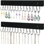 Necklace Holder Wall Mounted Jewelry Organizer - 2 Pack Wooden with 28 Hooks, Hanging Earring & Ring Bracelet Storage, Decorative Space-Saving Jewelry Display (Black)