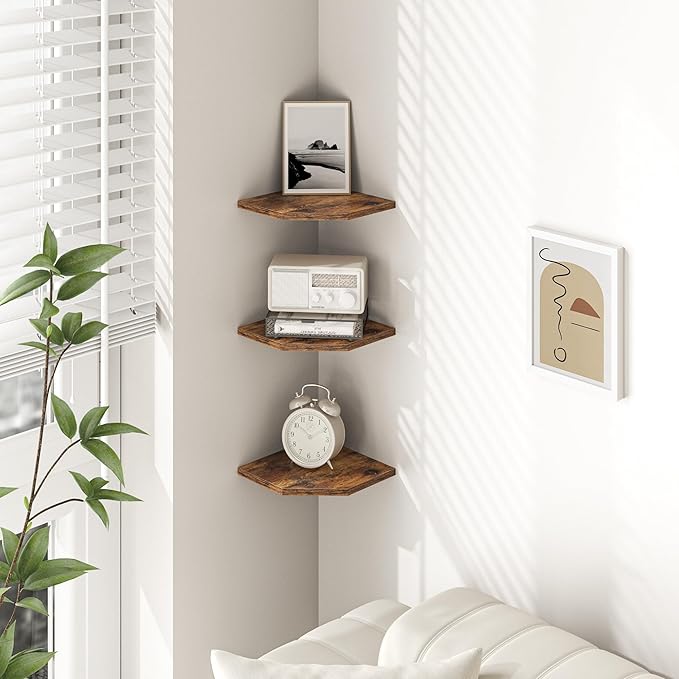 Fun Memories Corner Shelf Wall Mount, Floating Corner Shelves, Set of 3 Corner Wall Shelf Organizer, Rustic Wood Wall Storage Display Shelves for Living Room Bedroom Bathroom Kitchen, Rustic Brown
