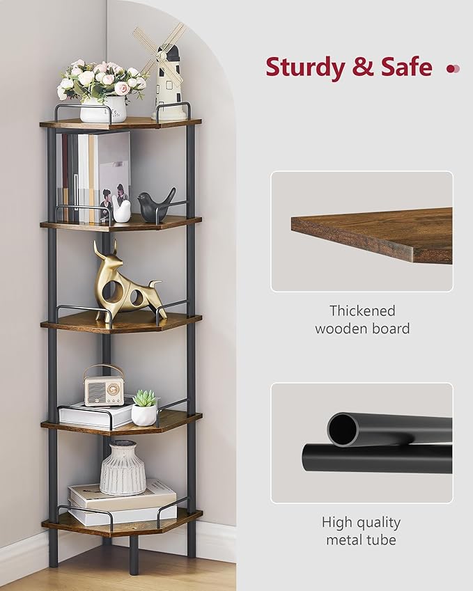 Tajsoon Corner Shelf Stand, 5 Tier Industrial Corner Shelves, Multipurpose Standing Display Shelf, Corner Shelving Unit for Bedroom, Living Room, Office, Kitchen, Rustic Brown