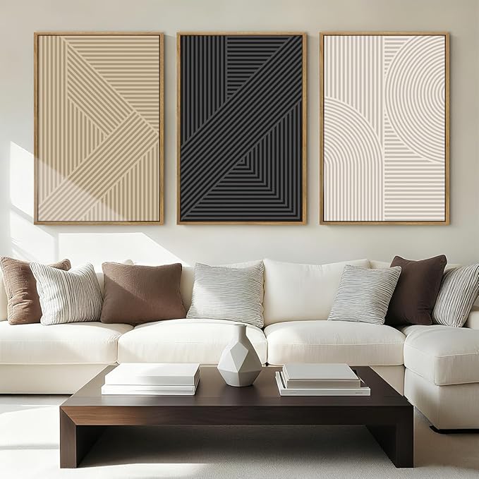 BINCUE Neutral Abstract Wall Art Mid Century Modern Wall Paintings Boho Artwork Geometric Wall Pictures Abstract Black Wall Decor Modern Neutral Art Prints for Living Room Bedroom Bathroom Office 16x24 Inch 3 Piece