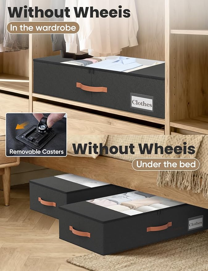 2-Pack Under Bed Storage Bins with Wheels and 6 Vacuum Seal Bags, Heavy Duty 80lbs Capacity, 65L Clear Lid Organizer for Dorm Bedroom Clothes Shoes Toys, Quick Assembly Space Saver (Black, 7.9'' PLUS)