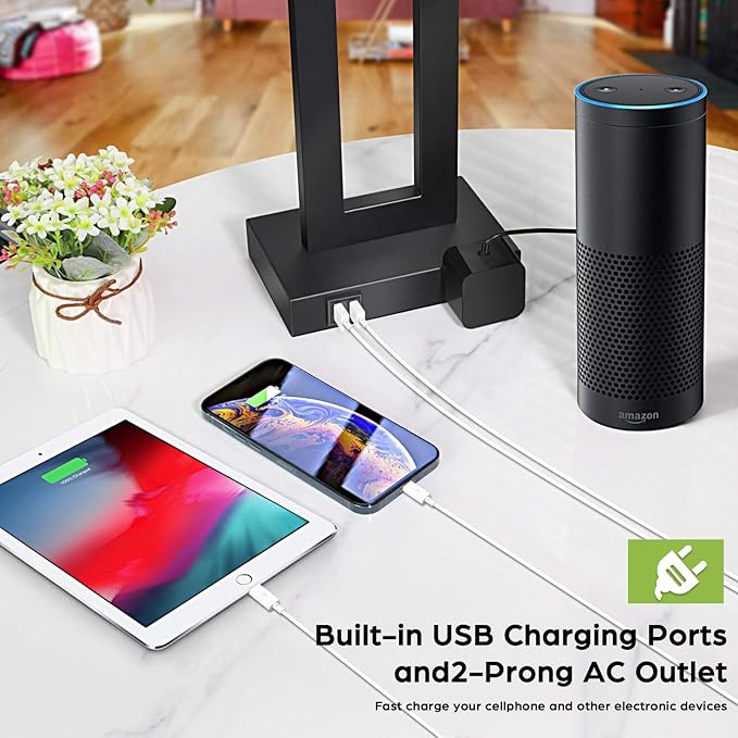 Set of 2 Touch Control Table Lamp with 2 USB Ports, 3-Way Dimmable Modern Nightstand Lamp Sets Bedside Touch Desk Lamp with Fabric Cream Shade For Bedroom Table Living Room Reading, Included Bulbs