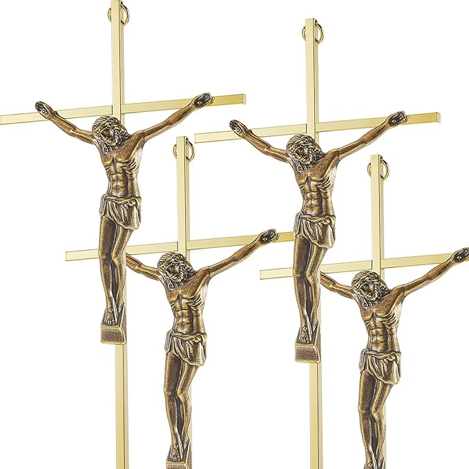 Leinuosen 4 Pieces Crucifix Wall Cross Catholic Slender Metal Crosses Wall Decor for Home Decor Hanging Jesus, 10 x 5 x 1 Inches(Gold)