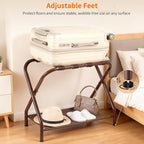 Heybly Luggage Rack for Guest Room, Pack of 2, Steel Folding Suitcase Stand with Storage Shelf for Bedroom, Hotel, Foldable Steel Frame, Guest Room 26.2" L x 14.4" W x 20.5" H, Brown HLR004Z2