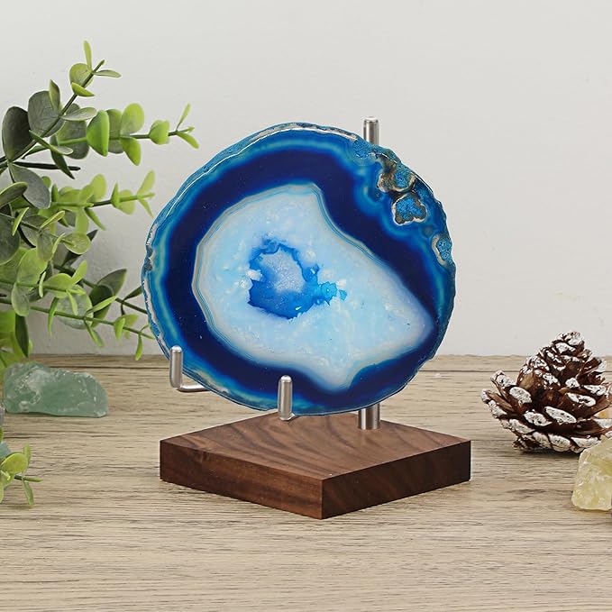 Hipiwe Rock Display Stand with Wooden Base Adjustable Metal Arms Display Stand Easel for Geode Mineral Agate Gemstones Fossils Plate and Photo,3.1"x3.1"x5"