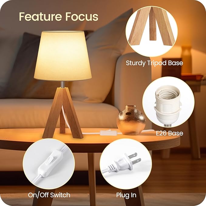 Small Tripod Table Lamp, Modern Nightstand Lamp with Fabric Shade, Boho Bedside Wood Desk Light for Bedroom, Kids Room, Living Room, Office, Study, White, W51TL05