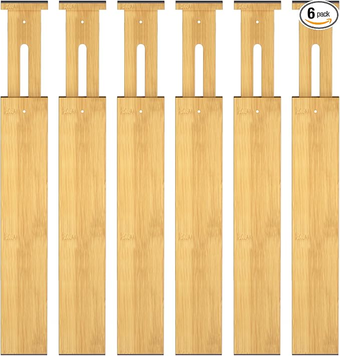 Bamboo Drawer Dividers,17-22" Adjustable Kitchen Drawer Organizer for Clothes,6 Pack Expandable Drawer Organization Separators for Bedroom,Bathroom,Dresser and Office,Natural