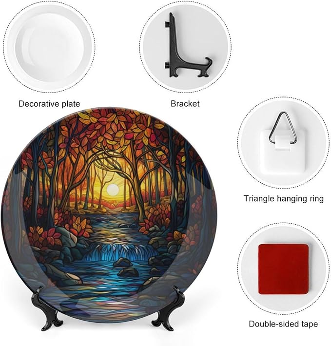 Stained Glass Theme Decorative Ceramic Plate Round Porcelain Plate,8 inch,Sunset Forest Stream Pattern,for Decorative Ornaments Giving Plates, 1 Plate with 1 Display Stand,Orange Blue
