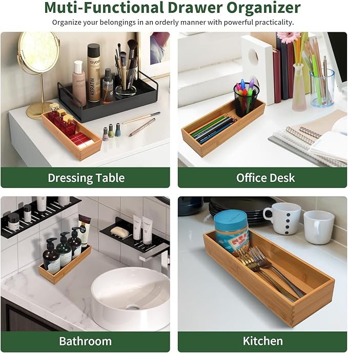 Bamboo Drawer Organizer 8"*4"*2", Bamboo Storage Box for Clothes, Dresser Makeup, Kitchen Utensil, Office Supplies