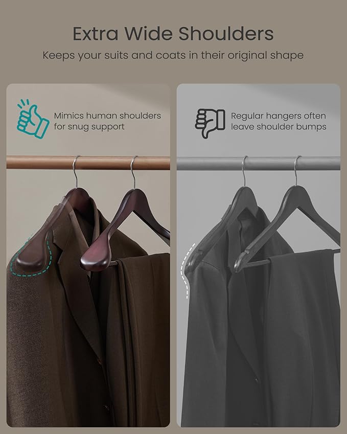 SONGMICS Extra Wide Wooden Suit Hangers, Set of 10 Clothes Hangers, Swivel Hooks, Non-Slip Bars, for Outfits, Suits, Coats, Shirts, Dresses, Mahogany UCRW050MZ01